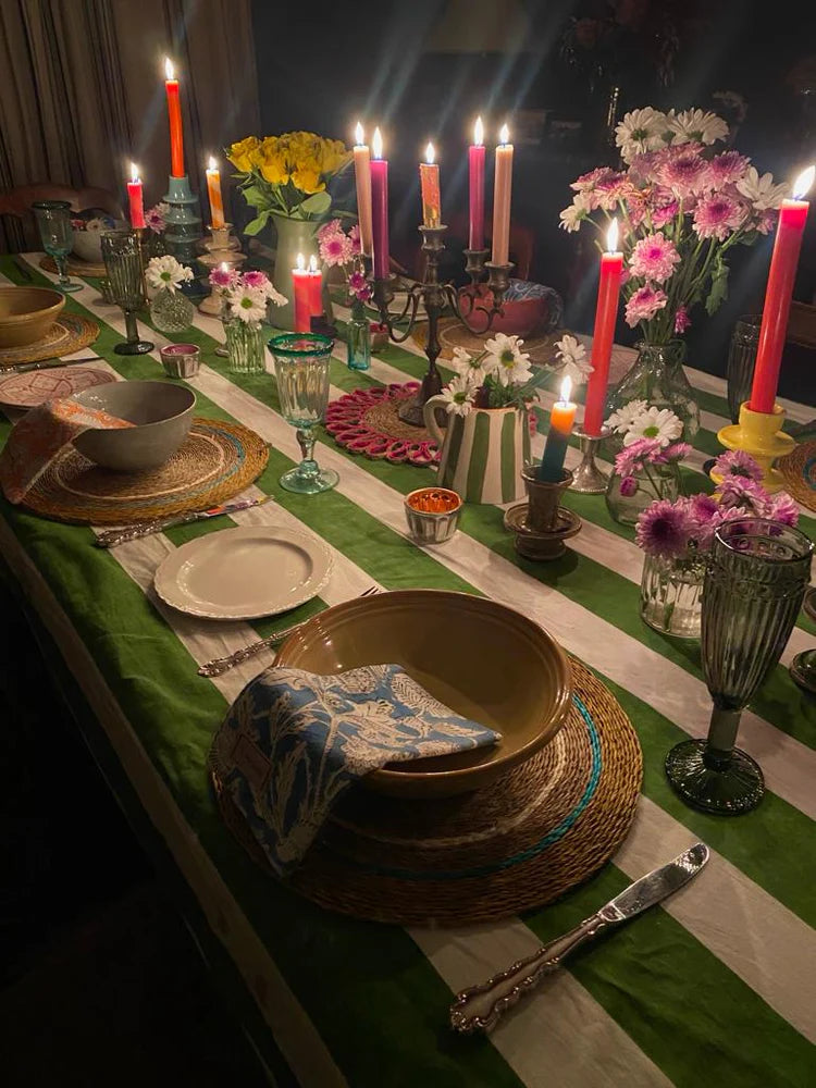 INDIAN BLOCK PRINT TABLECLOTH - GREEN AND WHITE STRIPE