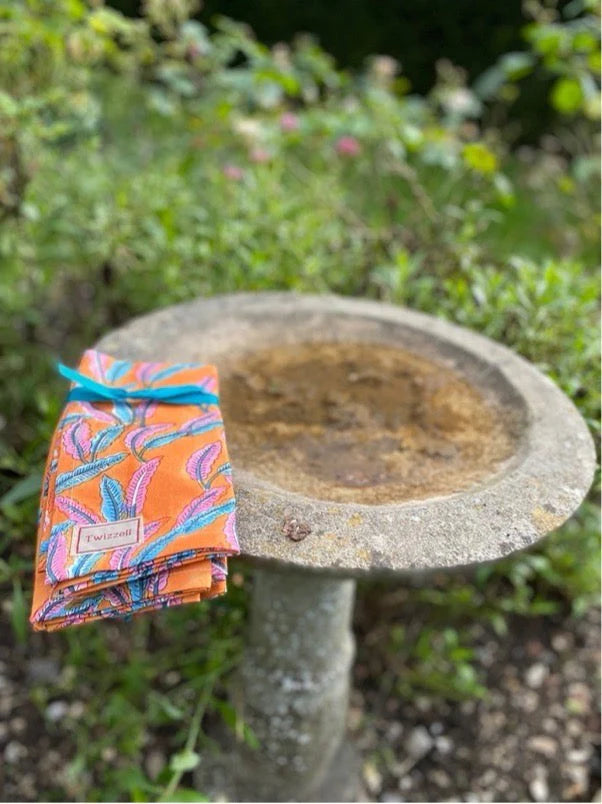 INDIAN BLOCK PRINT NAPKINS SET OF 4 - ORANGE FEATHERS