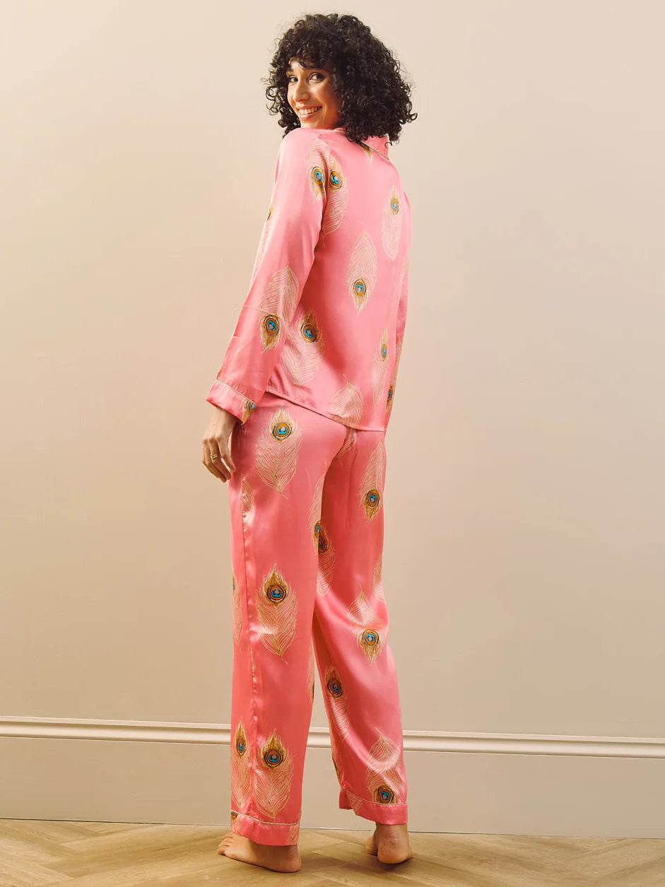 Their Nibs Satin Traditional Pink Gold Peacock Feather Pyjamas