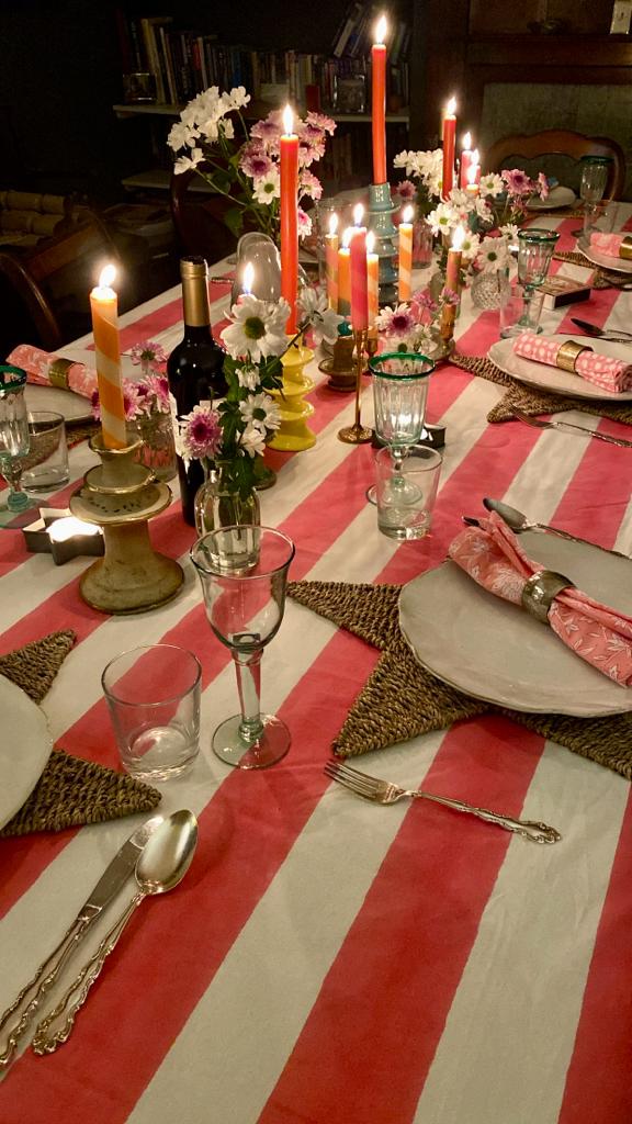 INDIAN BLOCK PRINT TABLECLOTH - PINK AND WHITE STRIPE