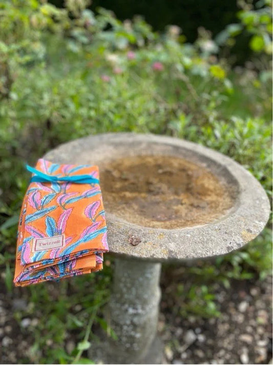 INDIAN BLOCK PRINT NAPKINS SET OF 4 - ORANGE FEATHERS