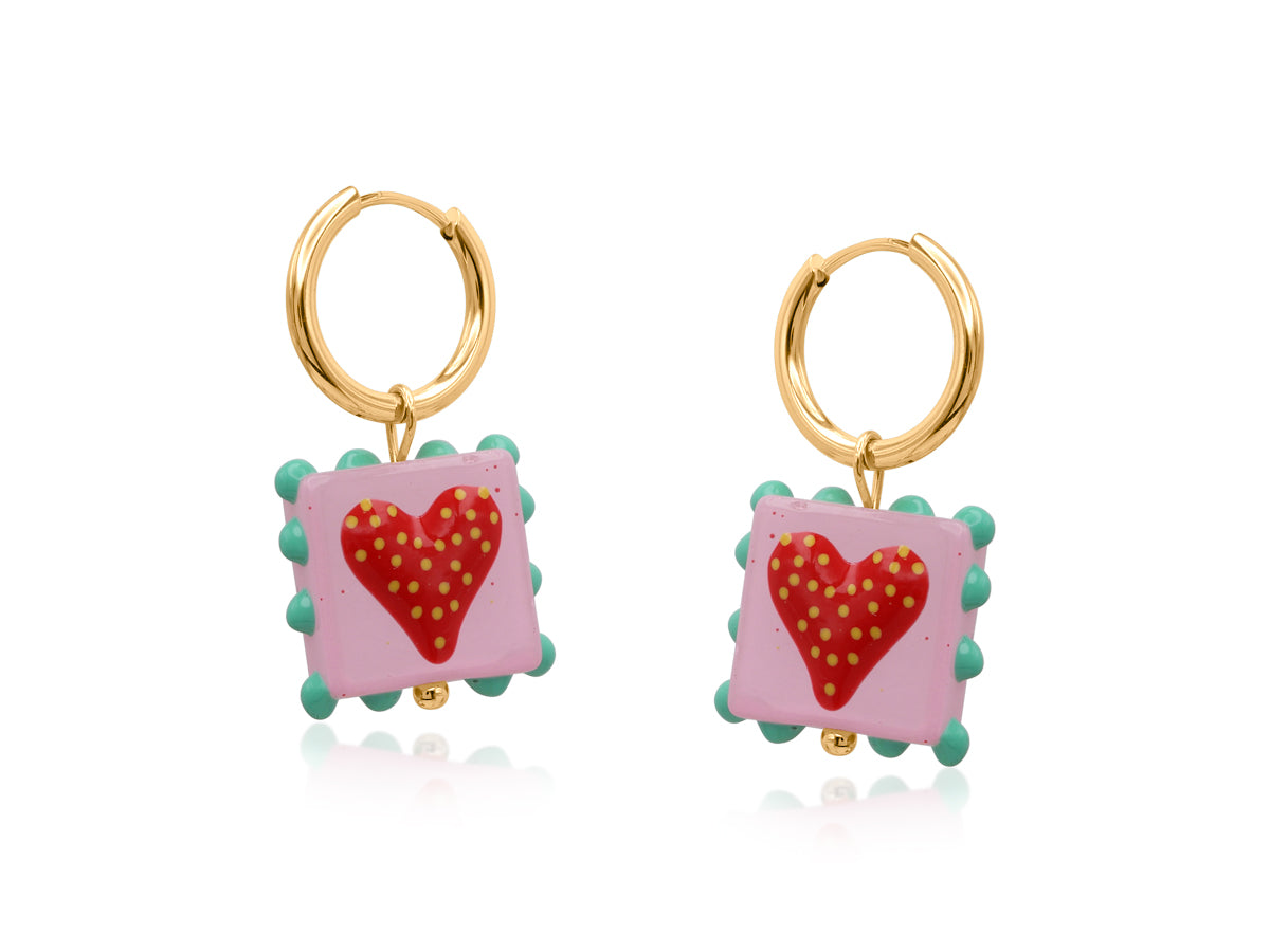 Big metal Santa Fe pink heart square charm earrings