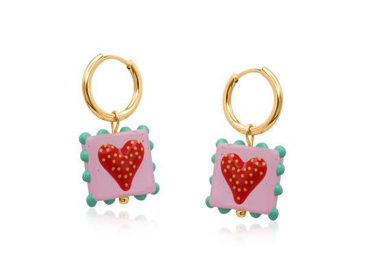 Big metal Santa Fe pink heart square charm earrings