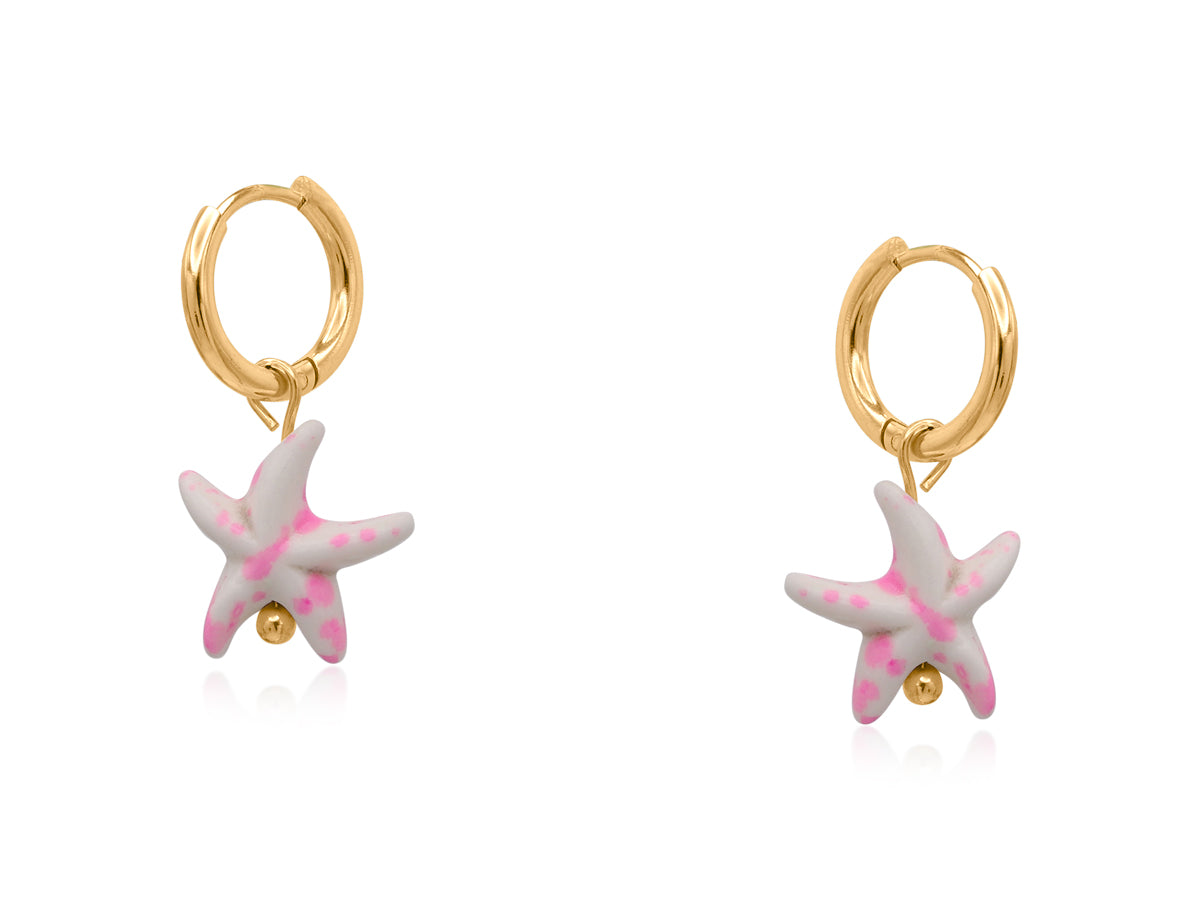 Big metal sea star ceramic pink and white earrings
