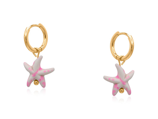 Big metal sea star ceramic pink and white earrings
