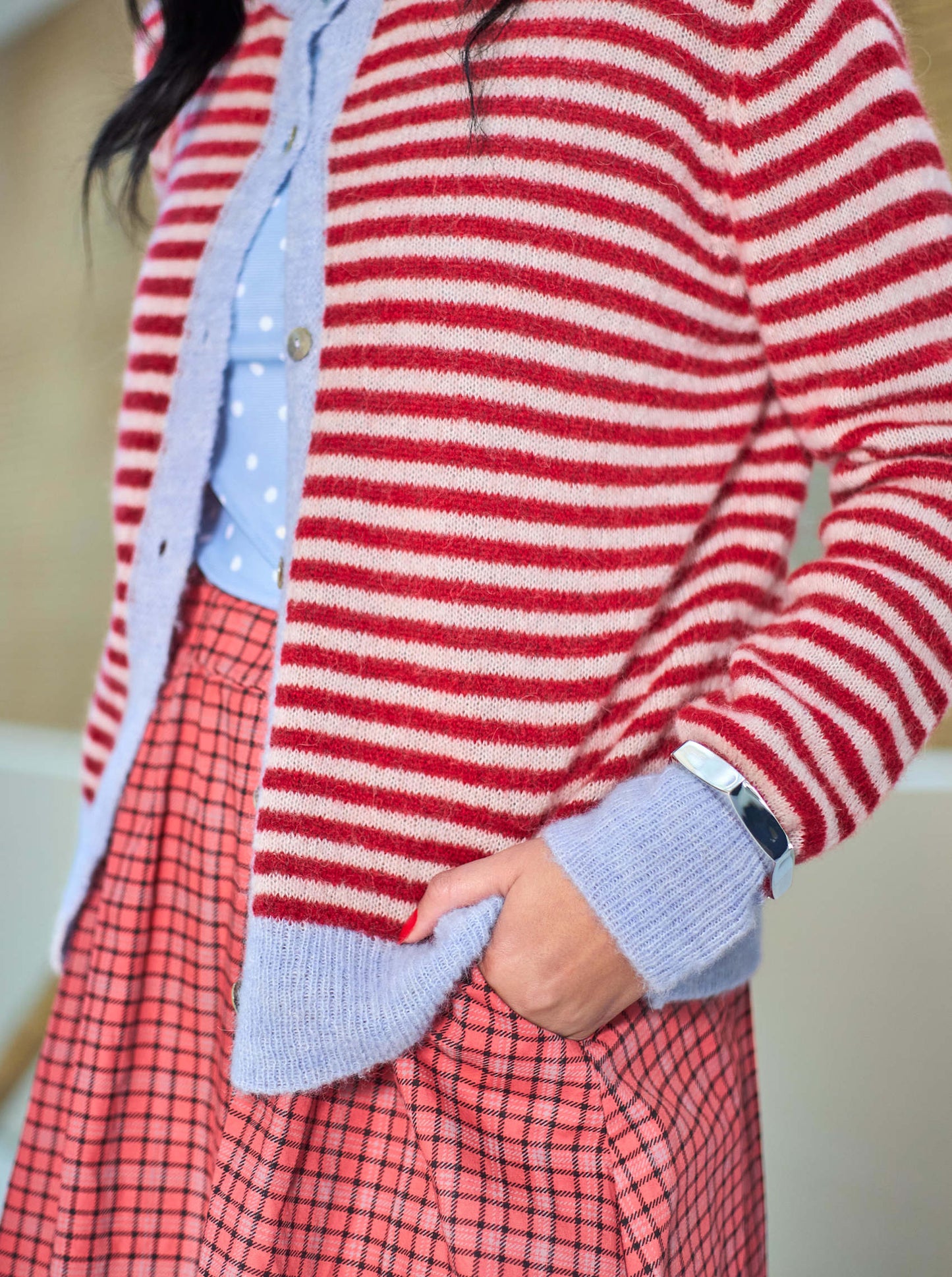 Black Colour Dell Striped cardigan in red