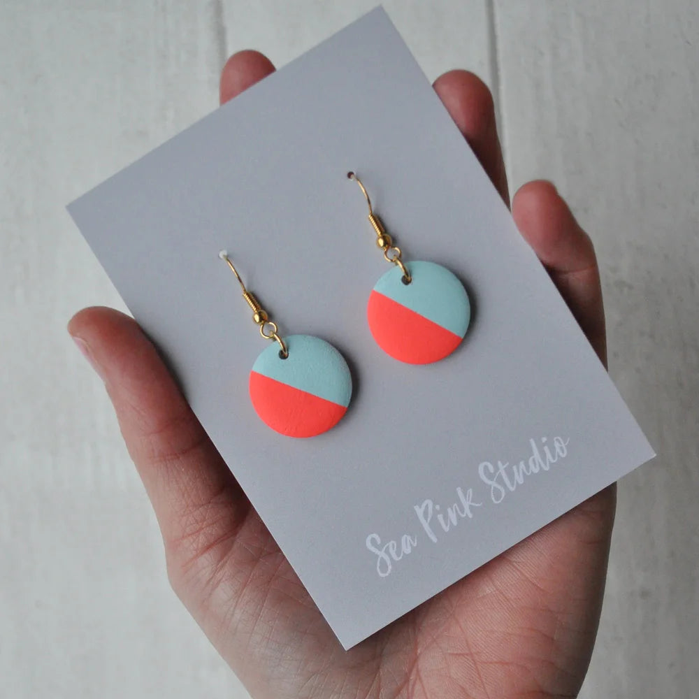 Mini neon red dip earrings - hamdmade in Cornwall by Seapink Studio