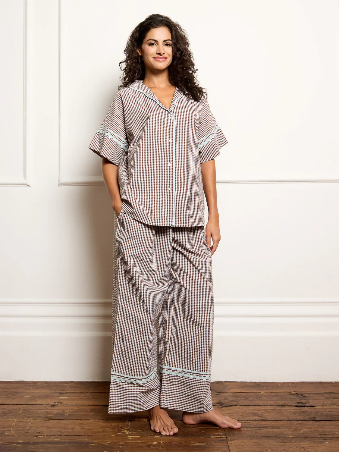 Their Nibs Oversize chocolate Gingham pyjamas with blue ric rac trim