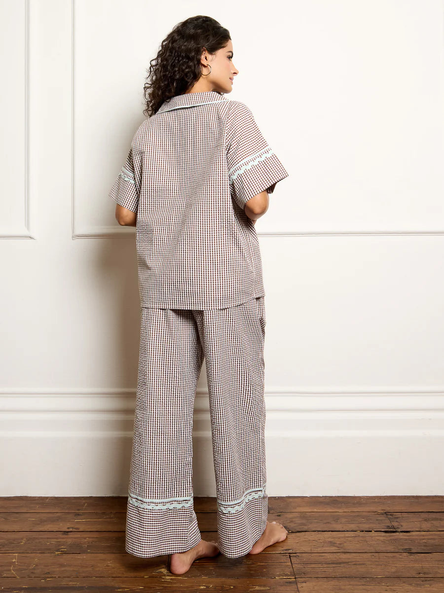 Their Nibs Oversize chocolate Gingham pyjamas with blue ric rac trim
