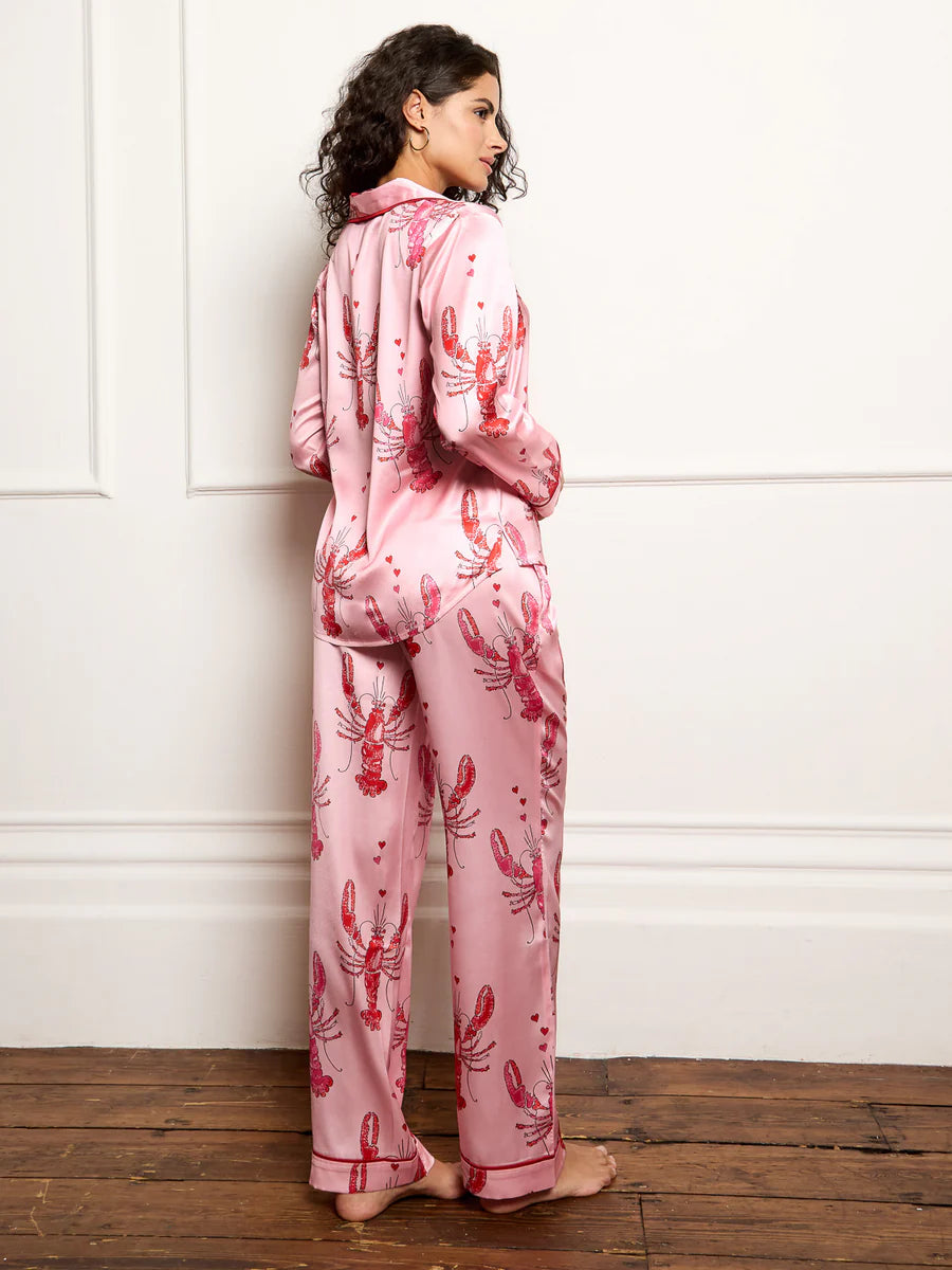 Their Nibs womens satin traditional Pyjamas in pink lobster love