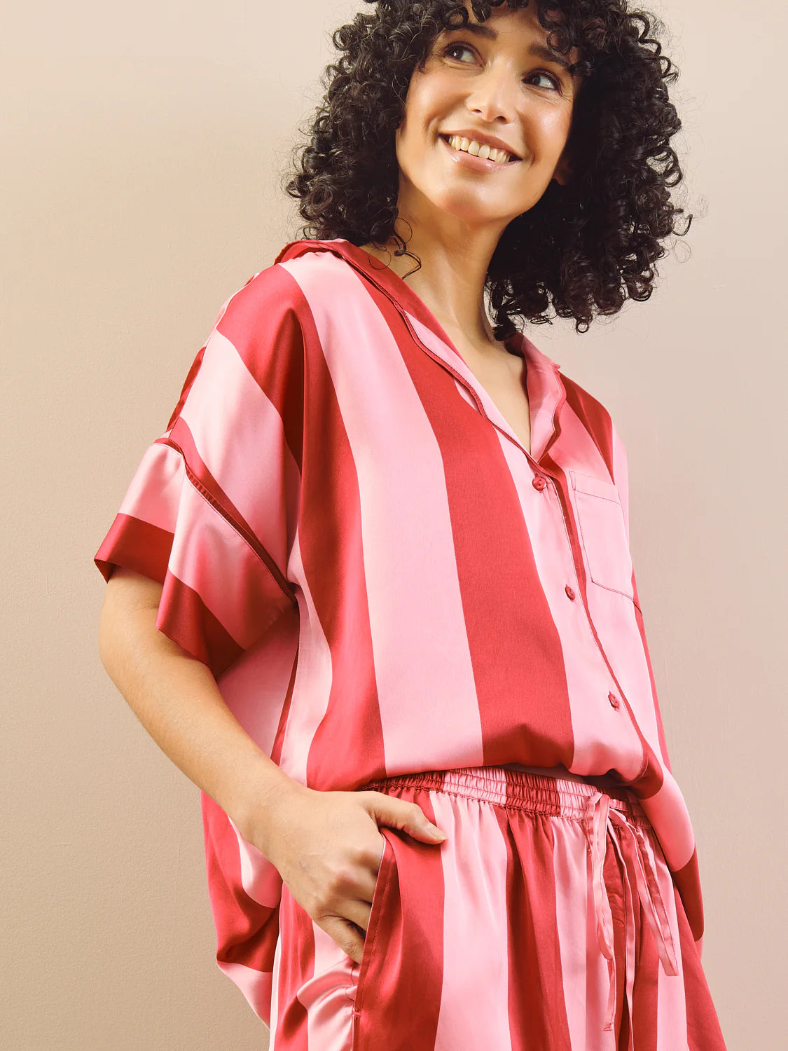 Their Nibs Womens satin oversize pyjamas in pink stripe