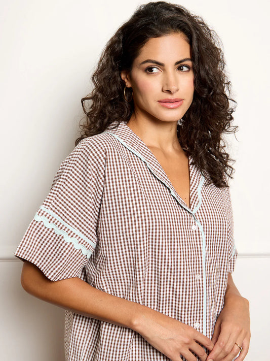 Their Nibs Oversize chocolate Gingham pyjamas with blue ric rac trim