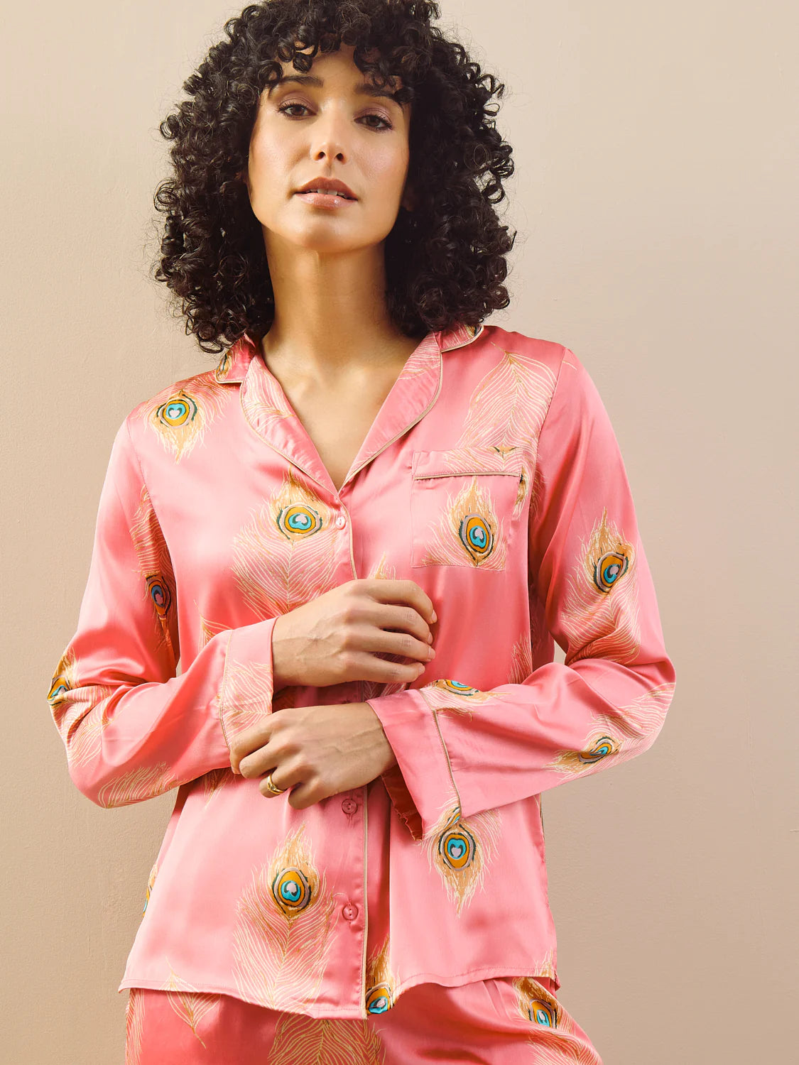 Their Nibs Satin Traditional Pink Gold Peacock Feather Pyjamas