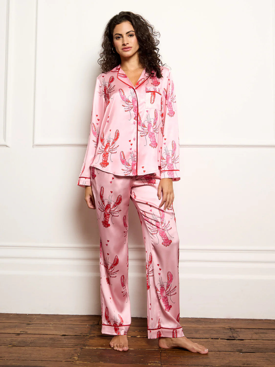 Their Nibs womens satin traditional Pyjamas in pink lobster love